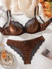 Temptuelle 1套女士豹纹蕾丝无钢圈前扣文胸 - 咖啡棕 - 查看 2
