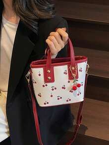 新款樱桃手提包，时尚女士单肩包，大容量可爱通勤手提水桶包，百搭 - 紅色 - 查看 4