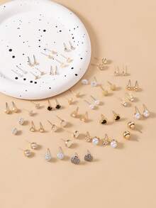 30对优雅简约金属仿珍珠花朵、心形、蝴蝶结耳钉套装，女士礼物 - 彩色 - 查看 2