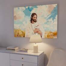 1pc Jesus And Sheep Oil Painting Mural Print, Wood Frame Wall Art, Room Decor, Living Room Bedroom Easter Decoration - Friends And Family, Ready To Hang - Framed - View 5