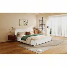 Modern Minimalist Upholstered Bed King Size With Soft Headboard Plush Long-Pile Fabric Covering No Storage Space Mattress Not Included White - White1 - View 4