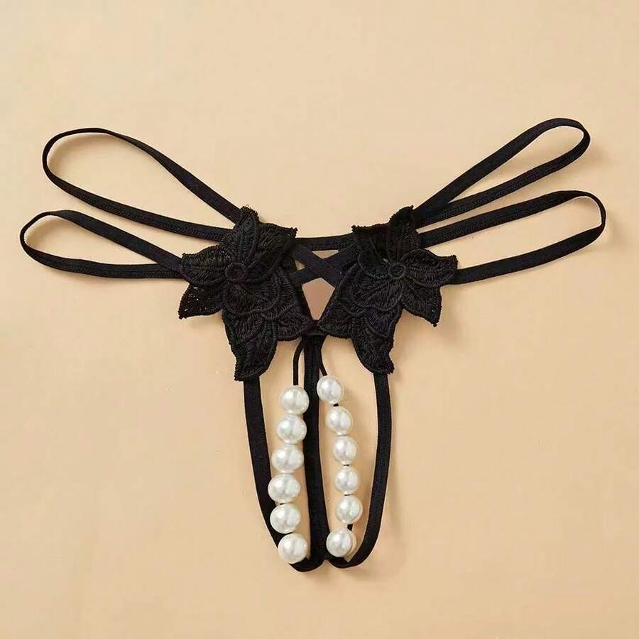Double Row Pearl Massage Thong, Sheer Open Crotch Lingerie, No Take Off ...