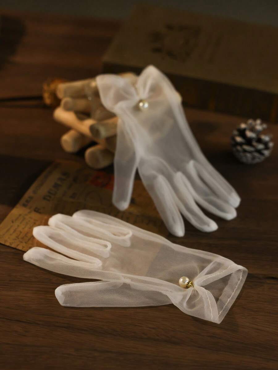 1 双透明串珠新娘手套，女士婚礼/新娘配饰 - 白色 - 查看 1