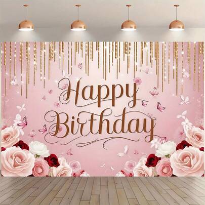 1件装生日快乐玫瑰红粉色闪光花卉背景横幅 - 优雅的墙面装饰，饰以金色点缀，非常适合用作家居和派对背景、房间装饰、生日庆祝氛围、拍照墙背景、影棚道具，用途广泛。