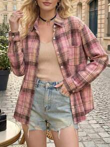 YUXIN Pink Plaid Women Long Sleeve Loose Casual Shirt Top With Pockets, Spring/Summer - Pink - View 8