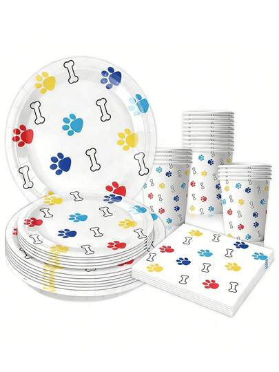 Dog Paw Birthday Decorations - 10 Pcs Cute Doggy Paws Bones Disposable Paper Dessert Plates Napkins Cups Tableware Set Puppy Theme Party Decor Supplies For Kids Boys Girls Serves 10 Guests