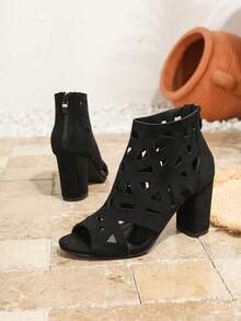 Giày bốt cao gót da lộn màu đen thời trang và đa năng dành cho nữ, đế dày, kiểu dáng thường ngày, thích hợp cho kỳ nghỉ, hở mũi, khóa kéo phía sau, thoải mái và thoáng khí, mẫu mới mùa hè. - màu đen - Xem 7