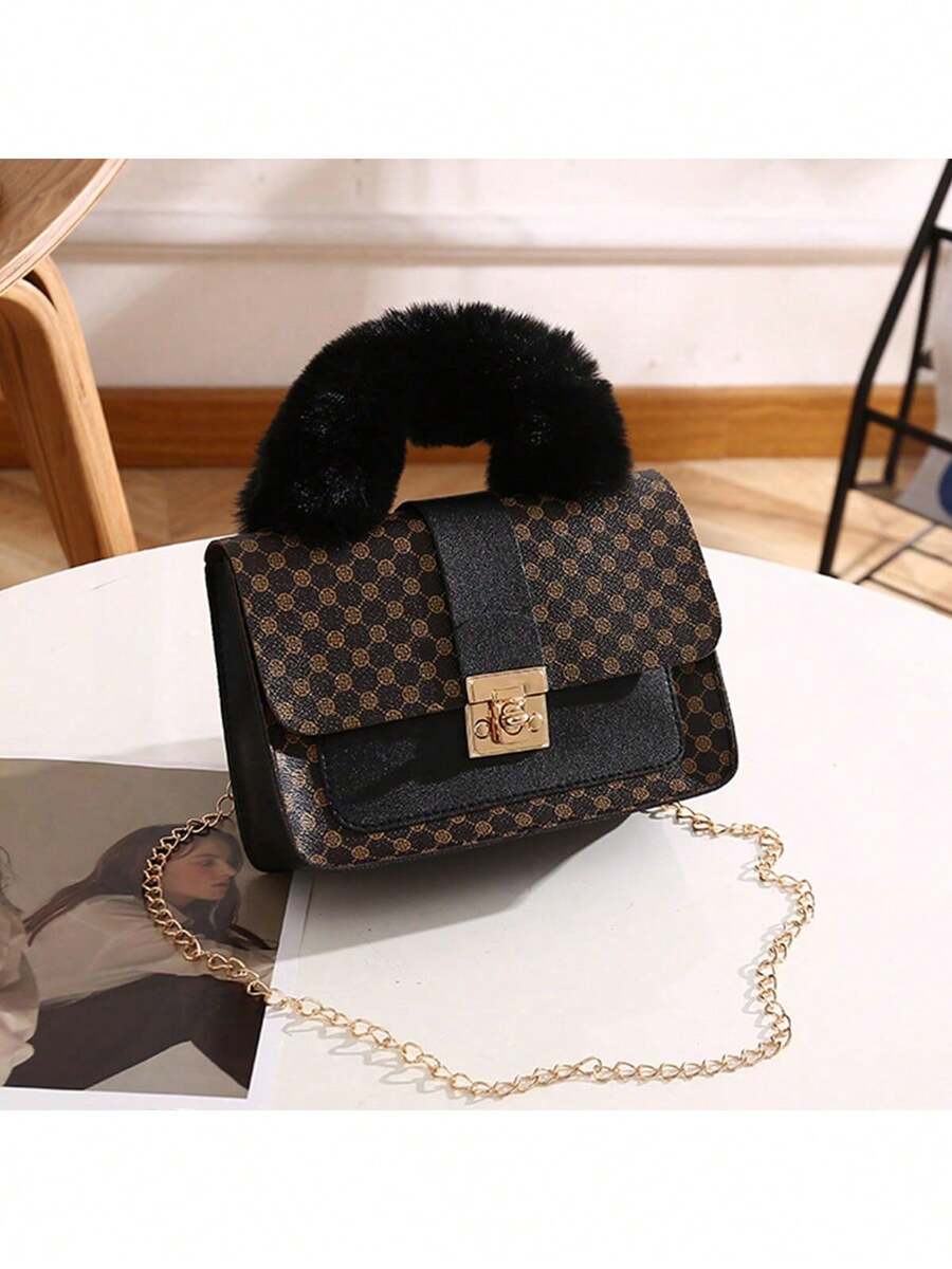 1 Peça Bolsa de Mão Estampada Floral Vintage, Bolsa Transversal Fofa com Corrente de Metal, Bolsa de Telefone Casual, Presente Ideal - Café - Visão 1