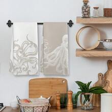 Coastal Beige Octopus Beach Decor Dish Hand Tea Towels For Bathroom Kitchen, Gir Ly Octopus Ocean Nautical Beachy Bathroom Decor, Coastal Kitchen Towels And Dishcloths Sets Of 2, 16x24 Inch - 米色 - 查看 3