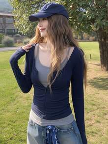 两件套：海军蓝半拉链长袖上衣和修身吊带背心，春季 - 藏蓝色 - 查看 4