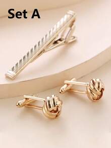 Cross-Border Hot-Selling Painted Copper Tie Clip And Round Twist Men'S Cufflinks | Easy Shirt Plaid Tie Clip Set, Stainless Steel Material - Gold and Silver - View 13