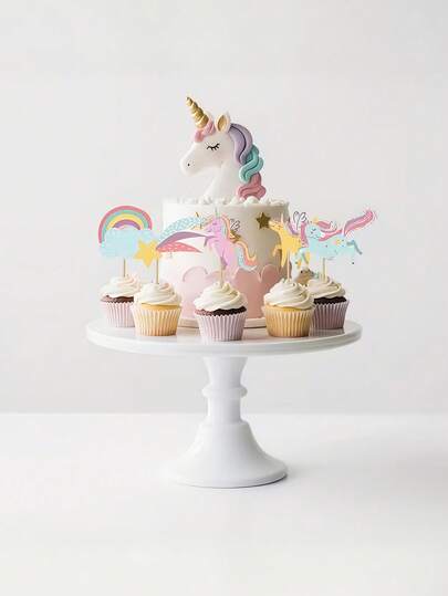 48个独角兽纸杯蛋糕装饰插牌，彩虹云朵装饰，可爱独角兽蛋糕签，适合女士生日派对装饰、生日蛋糕装饰、新年派对用品，高品质蛋糕装饰，生日派对的完美之选。