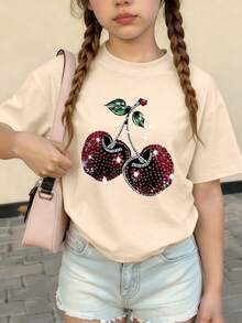 Cherry Print Round Neck Short Sleeve T-Shirt, Casual Children T-Shirt For Spring & Summer - Apricot - View 2