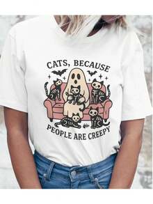 "Cats, Because People are Creepy" – 100% Cotton Graphic T-Shirt | Soft Casual Fit, Fall essential, White Crew Neck, Halloween Tee - Bianco - Visualizzare 1