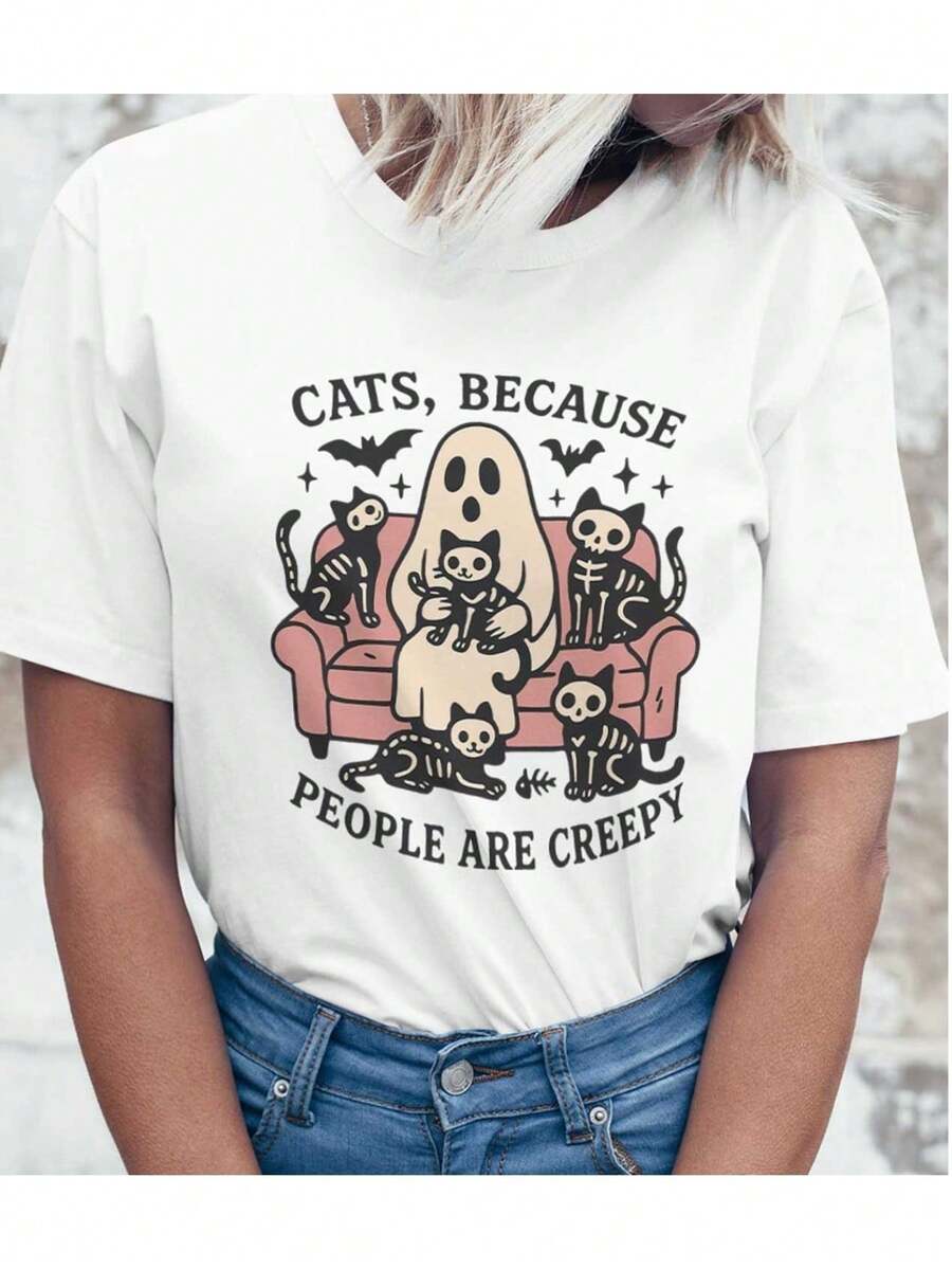 "Cats, Because People are Creepy" – 100% Cotton Graphic T-Shirt | Soft Casual Fit, Fall essential, White Crew Neck, Halloween Tee - Bianco - Visualizzare 1