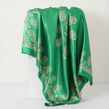 90Cm Color Dingcloth Printing Square Scarf European And American Classic Flower Satin Simulation Silk Scarf Women's Shawl Headscarf Scarf - 綠色 - 查看 1
