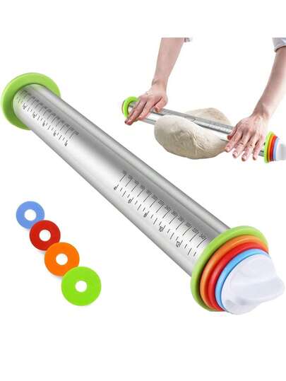 2DeTODO Rodillo de Amasar de Acero Inoxidable de 17 Pulgadas con Escala. Para Amasar Estilo, Repostería, Pizza, Galletas, Bolillo Para Tortillas. De 4 Niveles
