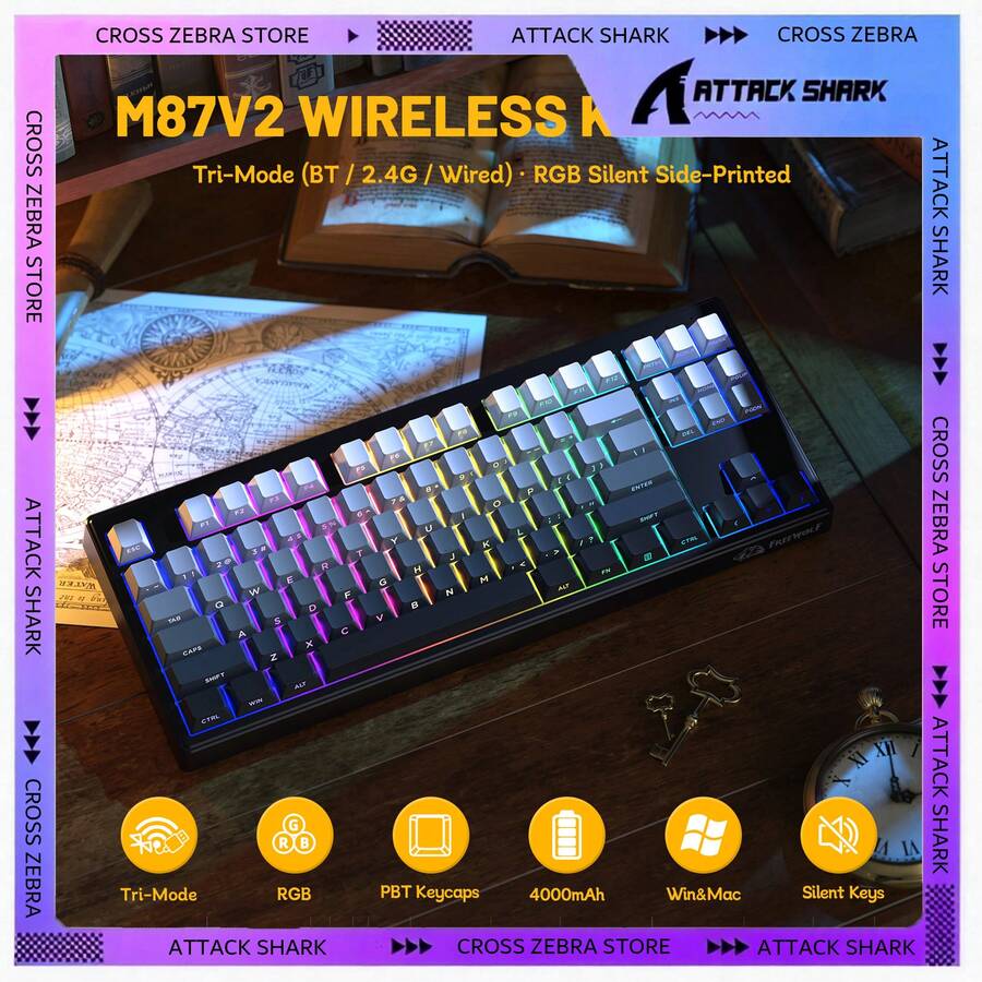 ATTACK SHARK * FREEWOLF M87V2 87-Key Membrane Wireless Gaming Keyboard, 80% TKL Layout Side-Printed Keycaps Retro Cute Cream Color, RGB Backlight 4000mAh 2.4G/BT/Wired Silent Keyboard For Windows PC/Linux/Gamers - Multicolor - View 1
