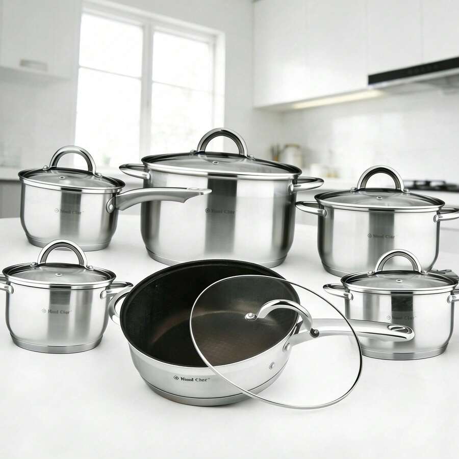 12‑Piece Stainless Steel Cookware Set With Glass Lids, Induction Compatible Pots And Pans, Includes Saucepan Frying Pan & Stockpots, Heat Resistant Handles, Mirror Polished Anti‑Rust Dishwasher, Modern Professional Kitchenware Essentials Gear
