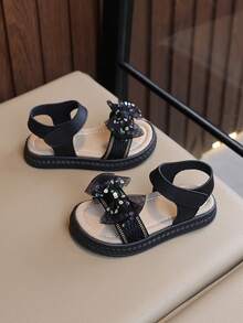 “女童公主蝴蝶结星星印花凉鞋 – 可调节踝带，柔软鞋垫，防滑厚底，可爱夏季休闲童鞋” - 黑色 - 查看 3