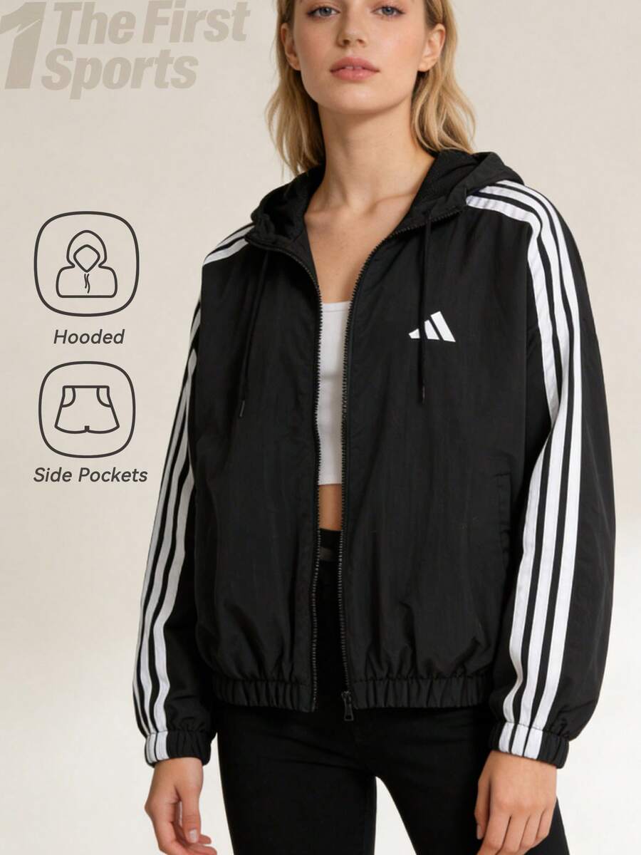 Adidas Women's 3-Stripe Windbreaker Jacket, Minimalist Design, Suitable For Outdoor, Fitness, Training, Hooded Sportswear, JZ2162 - Black/white - View 1