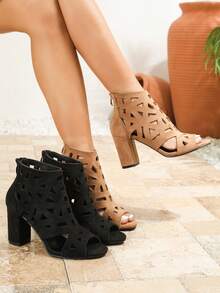 Giày bốt cao gót da lộn màu đen thời trang và đa năng dành cho nữ, đế dày, kiểu dáng thường ngày, thích hợp cho kỳ nghỉ, hở mũi, khóa kéo phía sau, thoải mái và thoáng khí, mẫu mới mùa hè. - màu đen - Xem 8