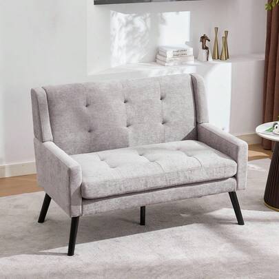 Premium-Leinen-Sitzbank (2-Sitzer) Mit Rutschfesten Massivholzbeinen Und Hochdichte-Schaumkissen – Knopfpolsterter Akzentstuhl Für Wohnzimmer, Schlafzimmer Und Büro