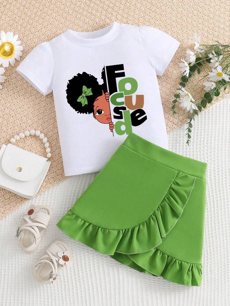 Toddler Cartoon Print Short Sleeve Top And Skirt Set - Green - View 1