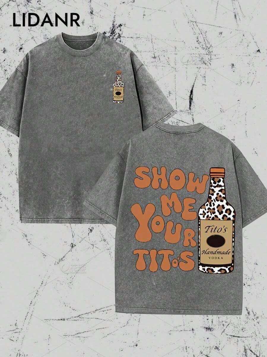LIDANR 1PC Vintage Vintage Style, Tito's Vodka Enthusiast, Leopard Print Elements, SHOW ME YOU TITOS Humorous Text Memes, Washed Double-Sided Printed Vintage T-Shirt..…. Retro Loose T-Shirt, Men's Casual Style T-Shirt, Machine Washable And Washable Old T-Shirt; Cool Design Pattern T-Shirt, Durable And Comfortable Fabric, Street Fashion Sense, A Must-Have For Street Style Enthusiasts, Top-Level Sportswear, Suitable For Daily Commuting, Dating, Leisure Matching, Suitable For Holiday Gift Giving, The First Choice For Gift Giving. Men's Clothes Shirts - 灰色 - 查看 1