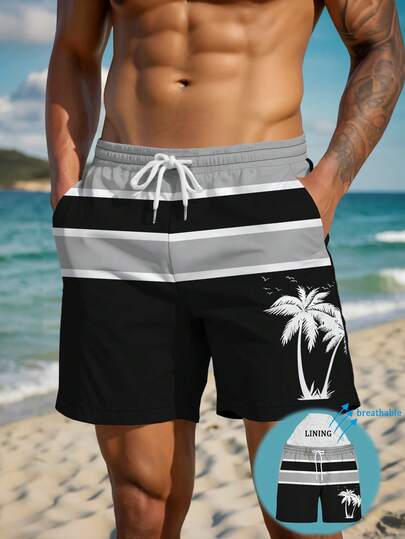 Pantalones cortos de verano para hombres con estampado de árboles de coco, cintura con cordón, bolsillos en diagonal, secado rápido, doble capa con malla, estampado de arte 3D a color, ropa de playa casual y elegante
