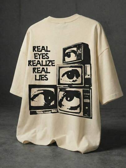 男士“看清真相，揭露谎言”标语印花落肩T恤，休闲街头风宽松版型，双面可穿，Y2K复古柔软触感，夏季款