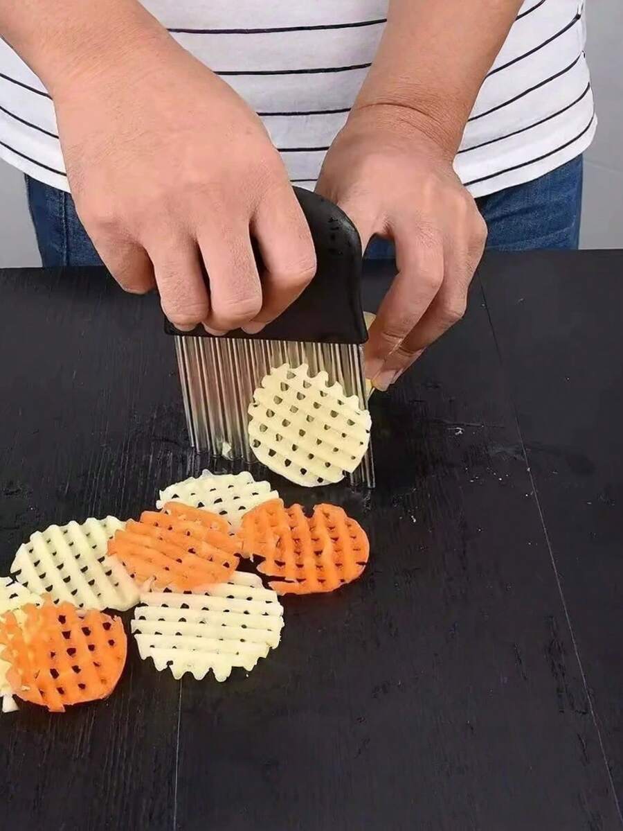 1 pieza Cuchillo de patatas ondulado de acero inoxidable, cortador de hoja ondulada, herramienta de corte de verduras de cocina - acanalado - Ver 1