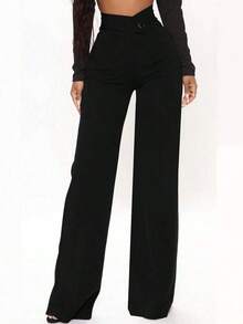 Women's Casual Elegant Straight-Leg Pants, Essential Back-To-School Item, Asymmetric V-Waistline Accentuates Curves, Suitable For Daily Wear, Office, Dates, Vacation And More - 黑色 - 查看 11