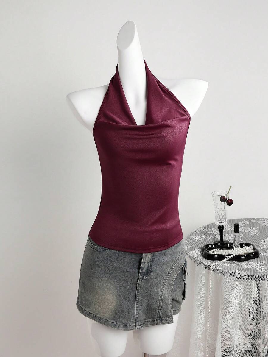 Burgundy Women's Draped Backless Camisole, Front Draped Design, Low-Cut Backless, Ruched Backless Sleeveless Cropped Style - Burgundy - View 1