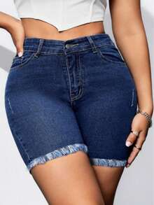 New European And American Style Dark Blue Stretch Denim Shorts, Simple And Fashionable. Suitable For Dating, Work And Daily Elegant Wear Casual Summer - Blue - View 3