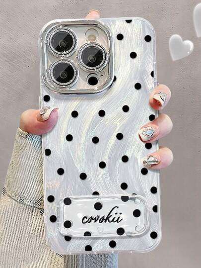 1pc Electroplated Glitter Full Coverage Black Polka Dot Phone Case + 3D Invisible Mirror Stand Holder Compatible With IPhone11/12/13/14/15/16/17/PROMAX