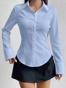 Women's Spring/Autumn New Slim Fit Long Sleeve Collared Button-Up Shirt, Minimalist Fashion Elegant Casual Essential - Baby Blue - View 3