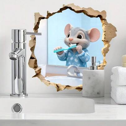 1/2pcsFunny Mouse Reading Newspaper And Brushing Teeth Wall Sticker, Removable Self-Adhesive PVC Waterproof, Suitable For Bathtubs, Toilets, Bathrooms, And Home Wall Decoration.