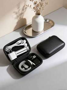 Estojo para fones de ouvido em EVA com padrão de fibra de carbono preta (1 unidade), organizador portátil para power bank, bolsa multifuncional para armazenamento de cabos. - Preto - Ver 2