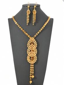 2 piezas Conjunto de joyería de collar con borla y aretes de disco con baño de oro y cobre elegante para Ramadán, regalo esencial para la oración/festividad de Ramadán para mujeres - Amarillo Oro - Ver 1