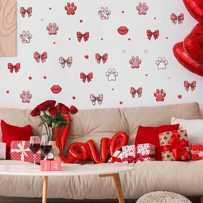 1pc Sweet Love Journey Wall Sticker, Cartoon Bow And Paw Print, Self-Adhesive Removable, Create Cozy Bedroom Or Living Room Unique Valentine's Day Decor, Cute Bow And Footprint Sticker, Peel And Stick, Create Sweet And Playful Accent Wall, Romantic Bow And Paw Print, Thoughtful Choice For Couples Moving Into A New Home Or Anniversary