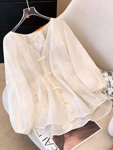 ii Chic New Chinese Style Embroidered Long Sleeve Casual Loose Blouse For Women White Spring - White - View 3