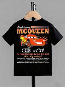 Disney Full Of Playful Vibe Lightning McQueen Champion Racing Car T-Shirt, Double-Sided Print Casual Short-Sleeve For Boys, Breathable Summer Top For Kids - màu đen - Xem 2