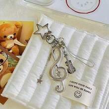 【幸运星旋律】音乐元素手机挂件、书本挂件、卡片书钥匙扣、星星挂件，兼容安卓及大多数智能手机，送给母亲、家人、朋友、孩子、生日、节日的礼物 - 銀色超大音符星形扣[兩用] - 查看 1