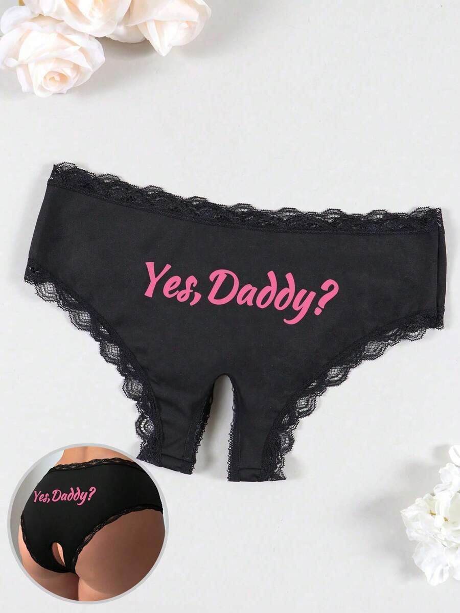 女士黑色性感蕾丝边三角内裤，饰有心形和字母印花，舒适弹力透气薄款三角裤 - 黑色 - 查看 1