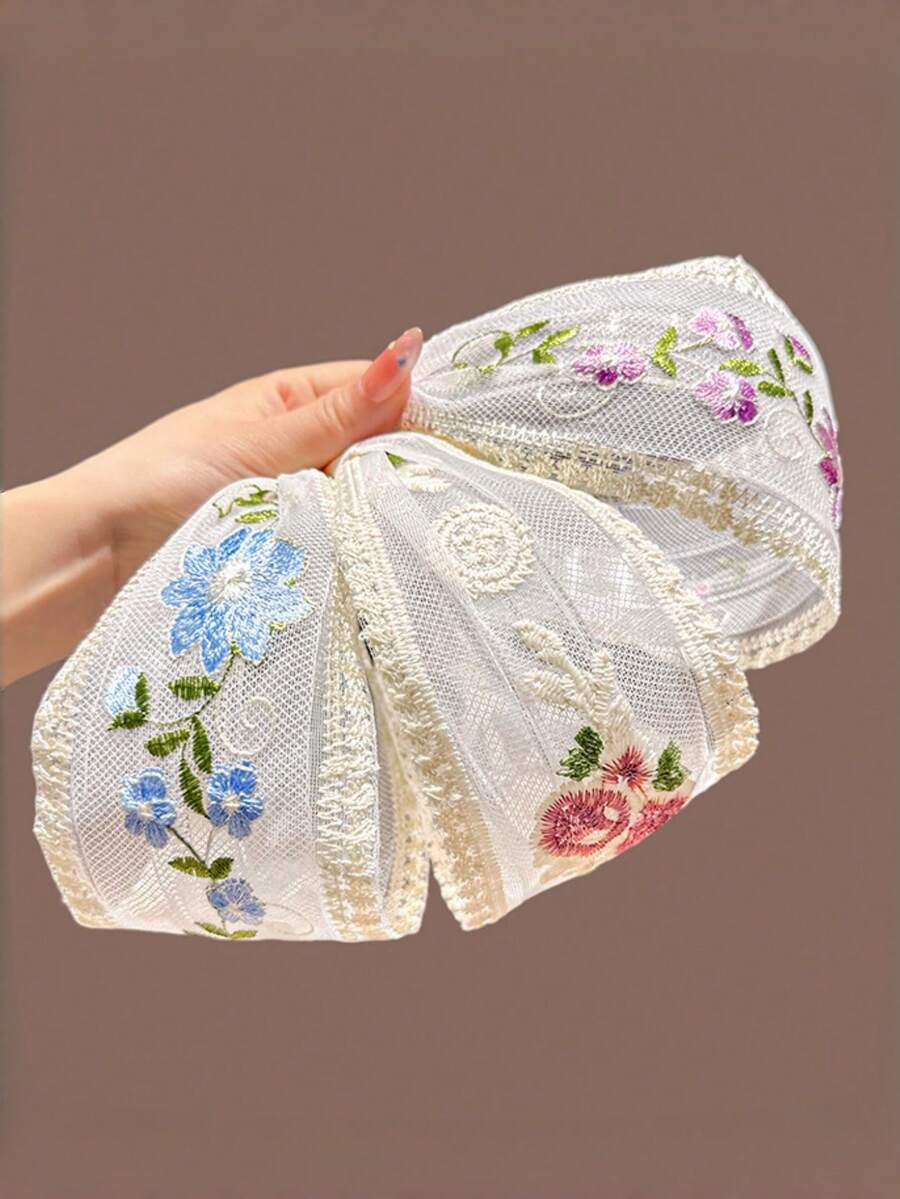 3件套刺绣网纱蕾丝花朵宽边发带，小巧设计，优雅甜美，适合日常佩戴 - 彩色 - 查看 1