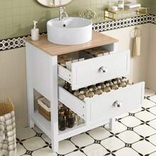 Bathroom Vanity Unit With Round Ceramic Basin – Single Basin With 2 Drawers And Open Storage Compartment – Freestanding Vanity Unit In White And Wood-Effect Finish - White - View 2
