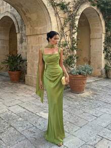 Vestido de satén elegante y glamuroso con tirantes de cinta de unicolor, vestido largo encantador para fiestas/citas/vacaciones para mujeres - Verde - Ver 5