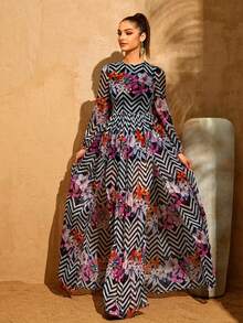 LOVE&LEMONADE 女士长袖圆领花卉几何印花雪纺高开衩连衣裙，适合婚礼和春季穿着 - 彩色 - 查看 4