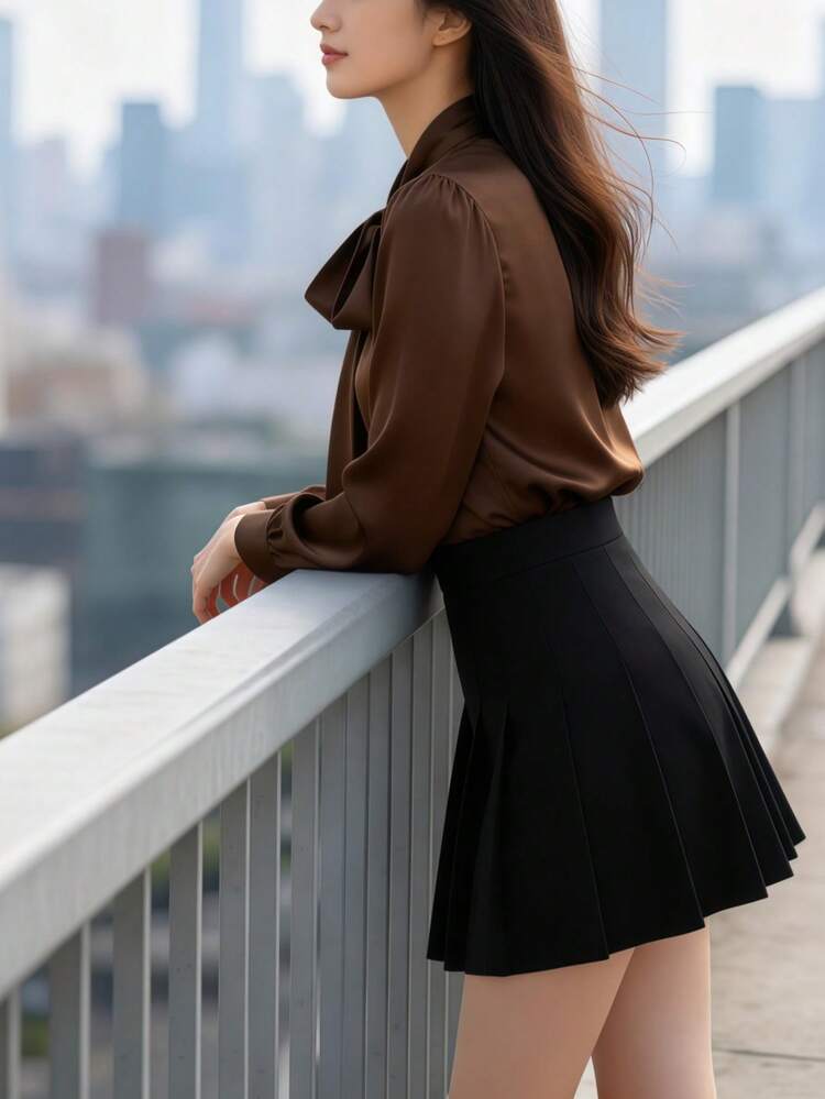 Camisa casual de manga larga de satén blanco elegante para mujer, blusa versátil para ir y venir con detalle de cuello con lazo - unicolor apto para todas las estaciones, lavable a máquina, no transparente, tela suave y transpirable, textura de satén refinada, corbata de unicolor para la oficina y el uso diario - Café integral - Añade 3